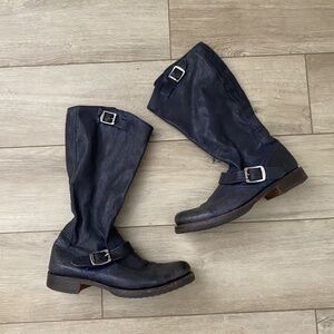FRYE Veronica Slouch Black Blue Leather Buckle Motorcycle Boots 9.5 Riding Boot